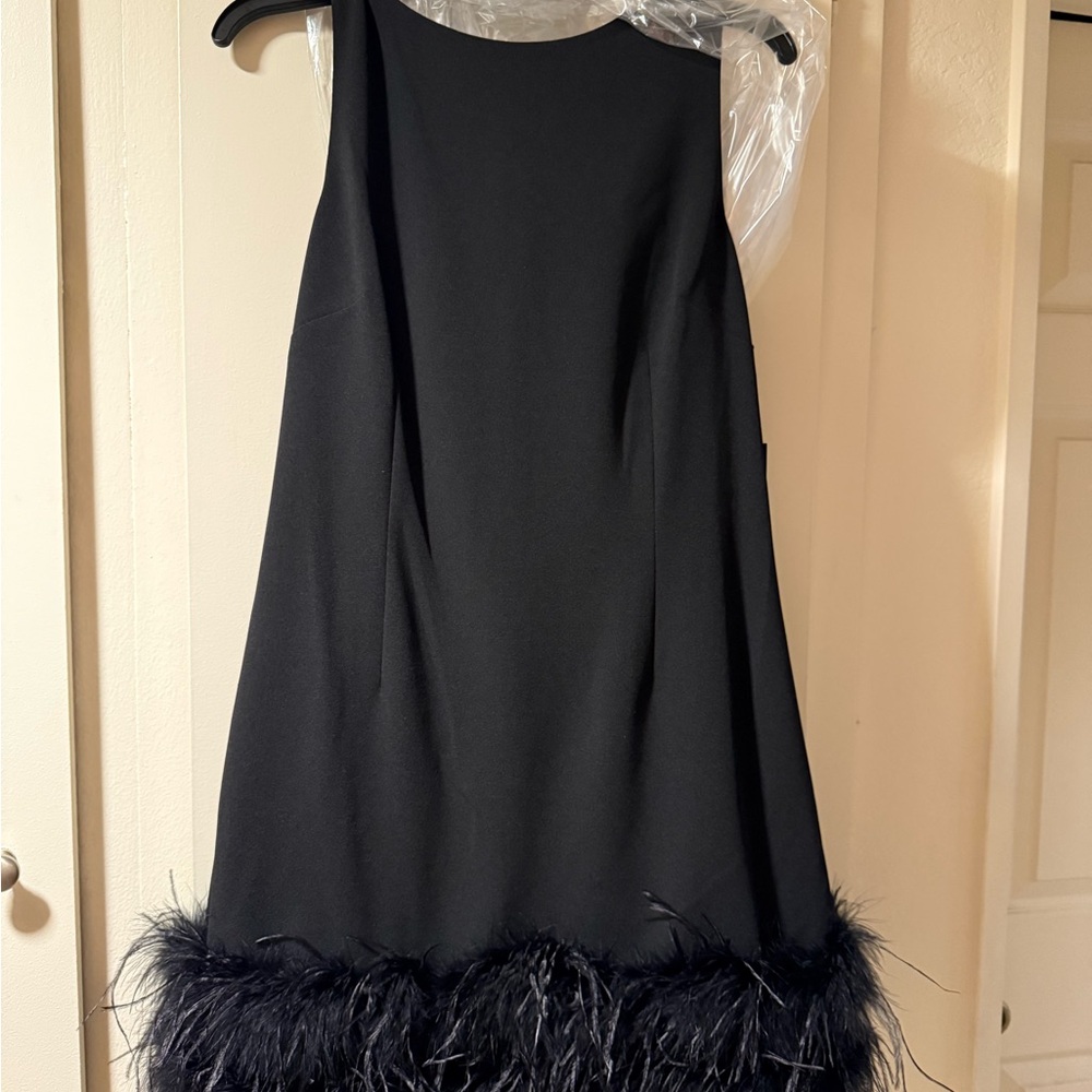 Donna Morgan Black Mini Dress with Feather Hem - Picture 4 of 6